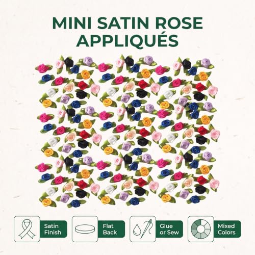 100 Pcs Multicolor Mini Ribbon Rose Flower Ornament, Mixed Color Roses Trim and for Skirt Decor, Satin Fabric Rose Buds with Leaves and Embellishments,Trim and Embellishments,Fabric Ribbons