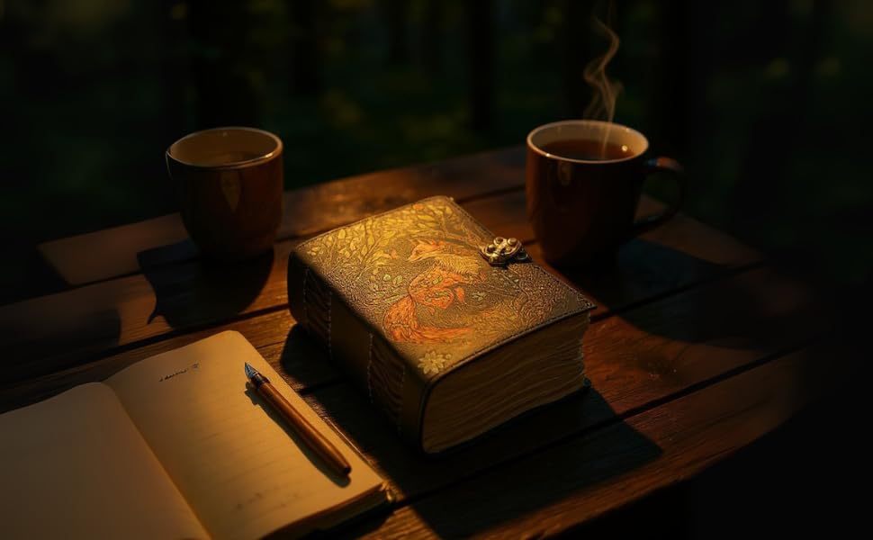 Clever fox leather journal for men grimoire journal 400 pages with lock leather journals for women, bound dairy cuadernos para mujer witchcraft supplies spell book sketch book notebook gift fox Fox - color: Clever Fox