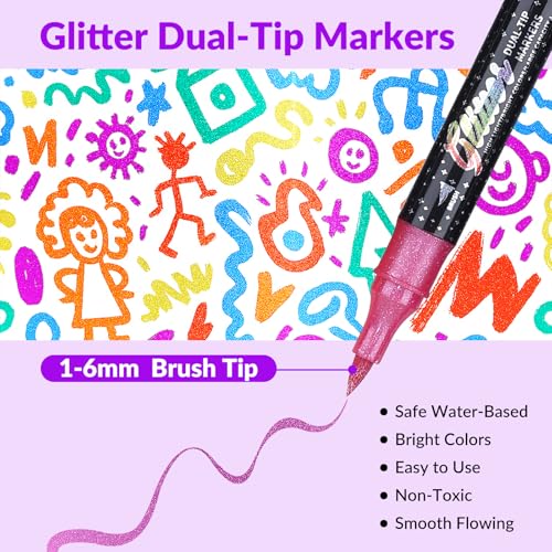 KEMYR 24 Colors 12 Pack Dual Tip Glitter Marker Pens for Adult Coloring - color: 12Pack 24Colors