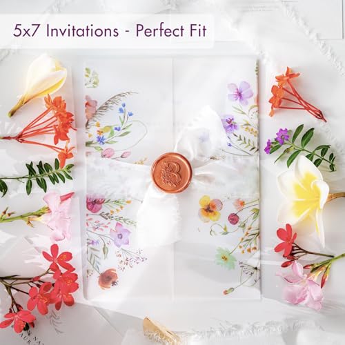 50 Pack Pre-Folded Vellum Jackets for 5x7 Invitations,AZAZA Pretty Translucent Invitation Sleeves,115GSM Vellum Jackets 5x7, Wedding Invitation Accessories,for Weddings Birthdays,Wildflowers - color: 50Pack--Colorful Wildflowers No.2