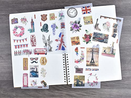 12 Sheets Vintage British Style Washi Stickers Eiffel Tower Big Ben Telephone Booth British Guards Self-Adhesive Sticker for Scrapbook Diary Journal Book Planner Art Craft Scrapbooking Journaling - color: B
