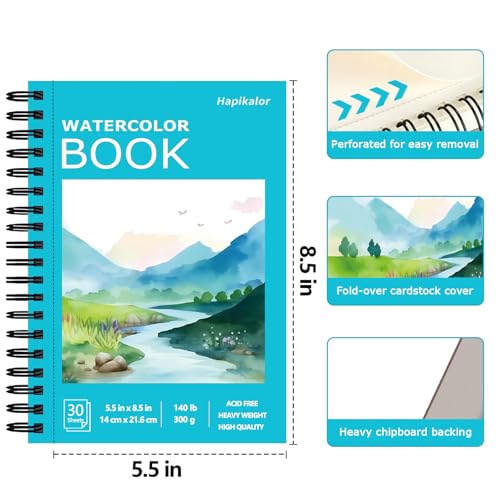 Hapikalor 5.5"x8.5" Watercolor Paper, Small Sketchbook for Kids, 30 Sheets - color: Teal, size: 5.5"x8.5" Spiral Bound