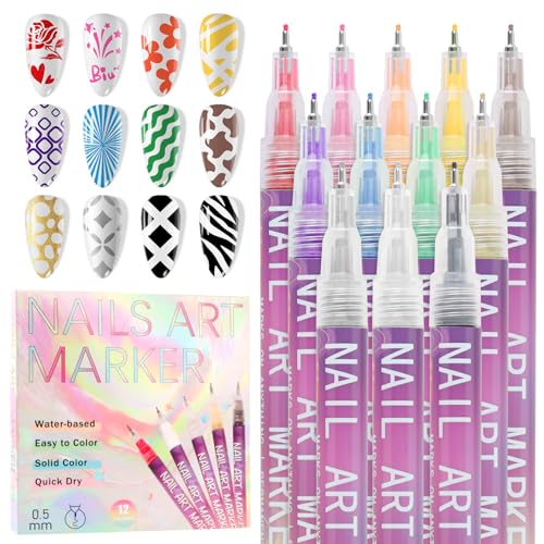 EBANKU 12 Colors Nail Art Pens Set, Nail Polish Pens for Nail Art Quick Drying 3D Acrylic Paint Markers for Painting Dotting Liner Pen Nail Salon DIY - color: 12P(B)