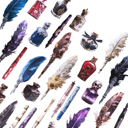60 Pieces Vintage Fantasy Quill and Ink Bottle Decorative Stickers | Aesthetic Hard Card Feather Pen Decals for Scrapbooking, Bullet Journals, Planners, Surreal Art, and Adult DIY Crafts - color: Pen and Ink Collecting Enthusiast