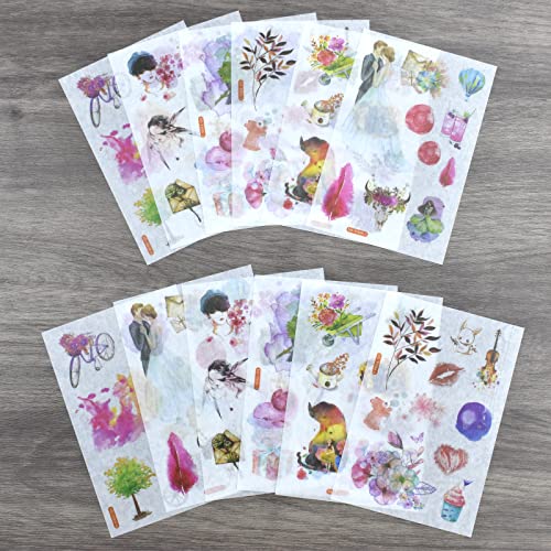 12 Sheets Romantic Scrapbooking Washi Stickers Girl's Dream World DIY Decor for Lovers Wedding Album Scrapbook Journals Planner Collage Invitation Card Gift Wrapping Art Journaling Craft Supplies - color: F