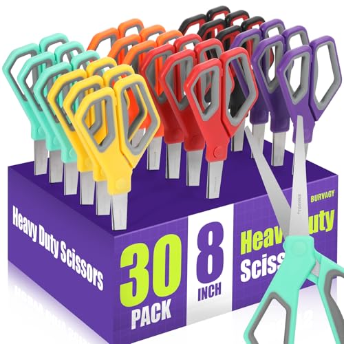 BURVAGY 30 Pack 8" Scissors All Purpose, Heavy Duty Scissors for Office | Scissors Bulk Multipurpose Comfort-Grip Sharp Adult Office Scissors Set Sewing Fabric Stainless Steel Blades, Right/Left Hand - color: 30pack