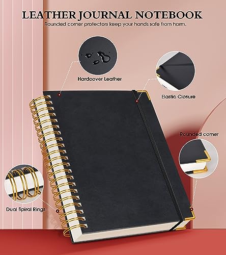 Spiral Notebook Journal 7.6” x 10”, 300 Pages Hardcover Leather Lined Journals for Women Men, B5 Large College Ruled Notebooks with 100 GSM Thick Paper, Spiral Journal for Writing Work School, Black - color: Black, size: B5