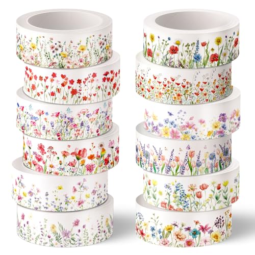 Whaline 12 Rolls Wildflower Washi Tape Floral Masking Tape Set Colorful Flower Decorative Wrapping Paper Tapes Boxed for Spring Scrapbook Journal DIY Crafts - style: Wildflower