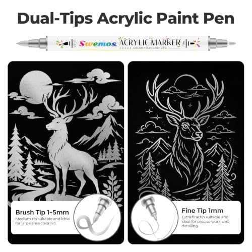 Swemos 2 Silver Acrylic Paint Markers, Dual Tip Acrylic Paint Pens