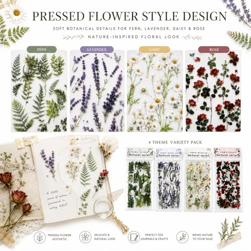 24 Sheets Precut Clear PET Pressed Flower Stickers for Crafts, Scrapbooking | Transparent Wildflower Floral Stickers for Journaling, Junk Journal Supplies, Planner, Collage and Card Making - color: Diecut Pet Flowers Stickers Sheets