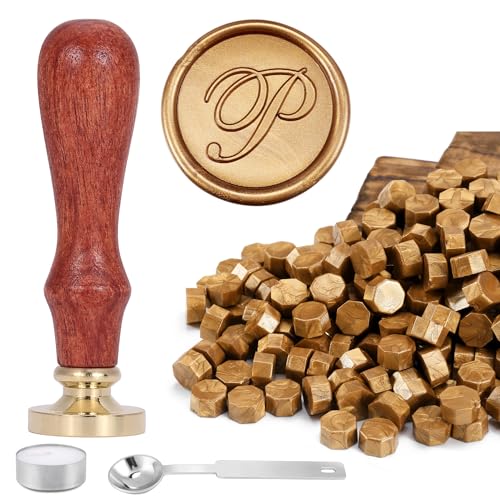 Yoption Handwriting Letter P Wax Seal Stamp Kit with Antique Gold Wax Beads - color: P