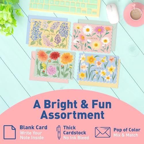 S&O Floral Thank You Cards with Envelopes – 36 Blank Cards – 4 Assorted Sunlit Meadows Designs with Gold Foil – 3.5x5" Pastel Thank You Note Cards – Pink, Green, Yellow & Blue Envelopes