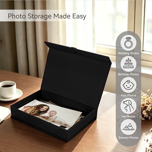 8x10 Premium Linen & Gold Foil Archival Photo Storage Box with Lid - Stackable Memory Keepsake Organizer for Photos, Certificates, Passports, Jewelry & Craft Supplies, Black - color: Black, size: 8x10"