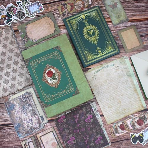 Diuhofart Vintage Scrapbooking Supplies Kit, 185pcs Junk Journal Kit with Scrapbook Paper Sticker Aesthetic Notebook Scrapbook Kit, Art Craft DIY Gift for Adult Women - color: Green