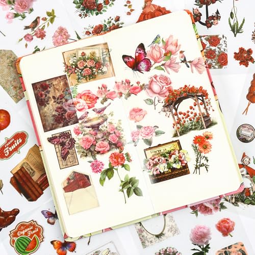Vintage Scrapbook Stickers, 20 Sheet Vintage Flower Sticker for Scrapbooking, journaling DIY Crafts Laptops，Card Making, Ephemera Pre Cut (Pink Flower Shadow) - style: Pink Flower Shadow