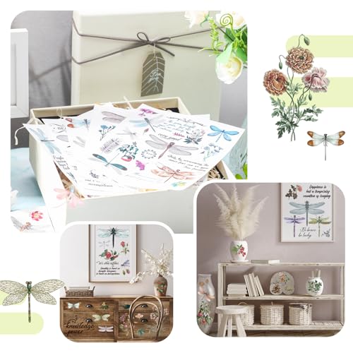 BBTO 12 Sheets Rub on Transfers for Crafts Wood Furniture DIY, 5.5" x 5.7" | Summer Dragonfly Designs, Rub on Transfer for Crafting, Flower Sticker Decals on Paper Home Decor, Easy Application - style: Dragonfly