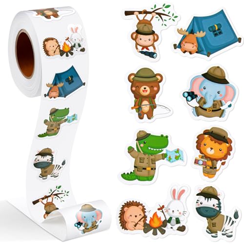 Qeeenar 500 Pcs Camping Animal Stickers for Kids Roll, Pet Reward Teacher | Cute Bear Elephant Lion Designs, Bulk Classroom Rewards, Easy Peel Motivational, Party Favor Supplies, Zoo Theme - style: Camping Animal