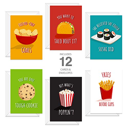 Canopy Street Bestie Food Note Cards / 4 5/8" x 6 1/4" Friendship Food Pun Cards / 12 Illustrated Thinking Of You Greeting Cards/Made In The USA - color: Bestie Food Puns