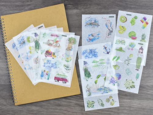 12 Sheets Summer Washi Stickers Green Plant Fruit Swiming Traveling Seaside Leisure Time Scrapbooking Supplies for Art Crafts Journaling Planner Diary Junk Journals Collage Water Bottle Arts Décor - color: L