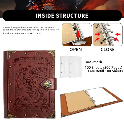 DUROTAN DND Dragon Journal Notebook,Unique A5 Binder 400 Page - color: 4-Red-FlyingDragon