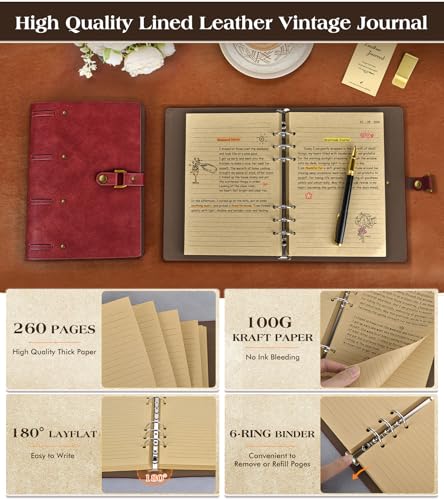 Leather Journal Notebook, A6 Size 5.3 x 7 inches 260 Lined Pages-Wine Red - color: Wine Red, size: 5.3*7inch