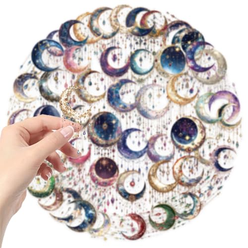 50PCS Dreamy Moon Crystal Gem Scrapbook Stickers Clear Celestial Vinyl Decals with Stars, Crystals & Galaxy Designs Aesthetic Stickers for Journaling, Planners, Crafts & Gifts (colourful-B10) - color: Colourful-b10