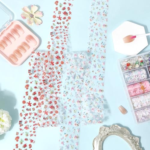 1 Box 10 Rolls Flower Nail Foil Transfer Sheets Nail Art Stickers PET Floral Blossom Butterfly Santa Tree Sticker Decals for Manicure Arts Supplies Decorations 39x1.6 Inch - style: Style 2