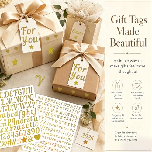 Gold Letter Stickers 0.5 Inch & 1 Inch, 15 Sheets Vinyl Cursive Gold Alphabet Number Stickers, Faux Glitter Golden Script Letter Stickers for Cards Envelopes Gift Wrap Invitations Planner Craft DIY - style: Gold Script 0.5" & 1" - 15 Sheets