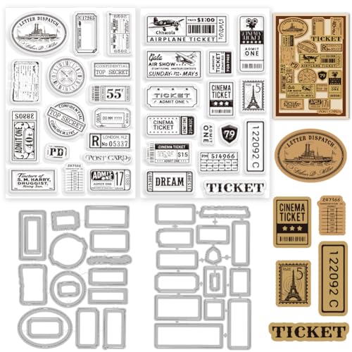 INFUNLY 2 Set Vintage Tickets Clear Stamps and Dies Airplane Receipts Stamp and Die Cuts Retro Stamps Labels Silicone Stamp Borders Embossing Template for Card Making DIY Scrapbooking Album Decor - style: Tickets