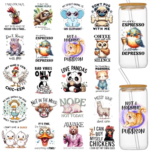 UV DTF Cup Wraps for 16 oz, 20 Sheets Funny Uvdtf Cup Wraps Decals Cold Transfer Stickers for Tumblers, Glass Cups, Rub on Transfers for Crafts, Mugs Coffee, Bookmarks, Wood Furniture - style: Funny Animals