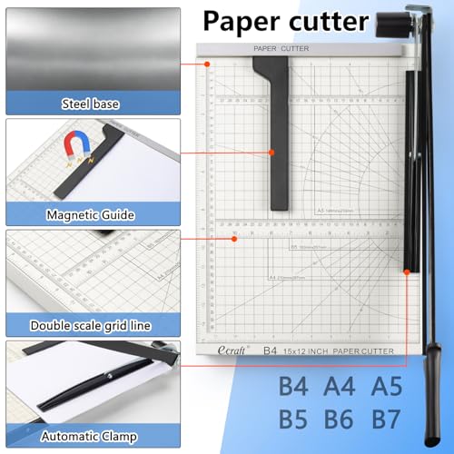 Ecraft 15" Guillotine Paper Cutter : Heavy-Duty Steel Base, 15-Sheet Capacity, Automatic Clamp, Safety Lock & Magnetic Guide - Precision Paper Trimmer for Office and Crafts