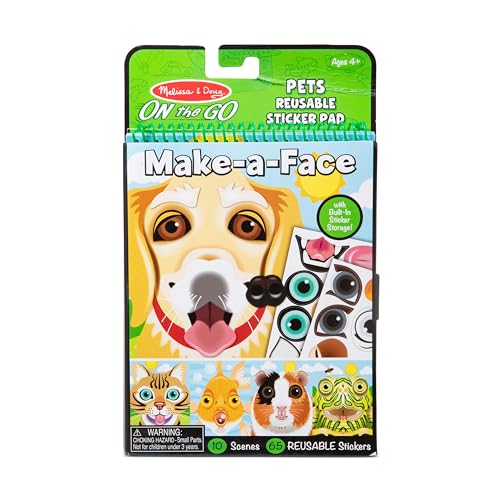 Melissa & Doug On the Go Make-a-Face Reusable Sticker Pad Travel Toy Activity Book – Pet Animals (10 Scenes, 65 Cling Stickers)