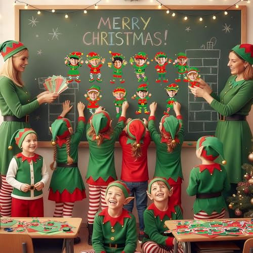 Funrous 80 Sets Christmas Elf Cutouts, DIY Picture Frame | Christmas Photo Frame, Face Cutouts Craft Kit, Bulletin Board Classroom Decorations, Xmas Winter Holiday Party Favors - style: Elves