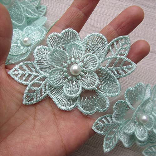 2 Yards 3D Flower Lace Trim Pearl Embroidered Polyester Lace Ribbon Fabric Applique Patchwork for Wedding Dress Handmade DIY Sewing Craft Supplies Decoration (Green) - color: Green