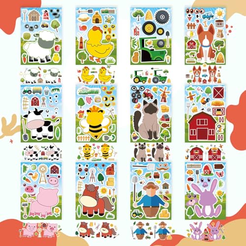 24 Sheets Make Your Own Stickers for Kids, Make a Farm Animal Face Sticker - style: Farm Animal 48PCS