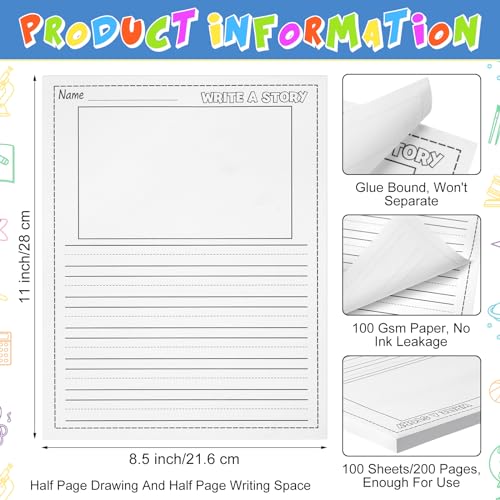 100 Sheets Handwriting Paper for Kid 8.5"x11" Primary Writing Paper | Kindergarten Write Story Bulk, Picture Space and Lines, DIY Craft Writing Kit, Kids Journal Activity, Back to School Supplies