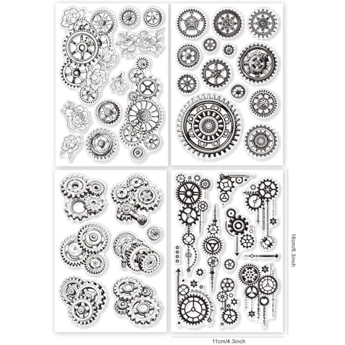 GLOBLELAND 4 Sheets Gear Mechanical Clear Stamp for Scrapbooking Flowers Silicone Stamps Steampunk Transparent Stamp Set for Card Making DIY Embossing Journaling - color: Mechanical Gear