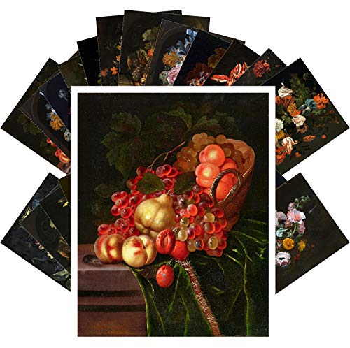 PIXILUV Vintage PostCards 24 pcs FRUITS AND FLOWERS STILL LIFE Antique Museum Painting Art by Willem Retro Poster REPRINT - color: Navy