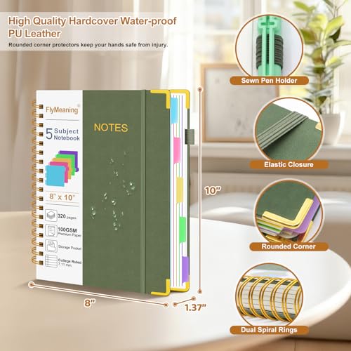 Hardcover Spiral Notebook Journal with Removable Dividers Tabs - color: Green, size: 8"x10"