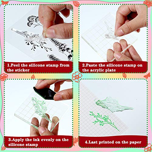 Outus 9 Pcs Flower Clear Stamps Set with 2 Acrylic Blocks, Transparent