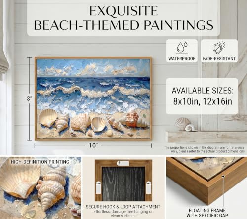Floating Framed Seashell Ocean Wave Canvas Wall Art, Blue Seaside Conch Painting Picture Wall Decor, Summer Beach Shell Poster Print Artwork for Bathroom Living Room Home Decoration 12x16in - color: Beach Seashells, size: 16"L x 12"W