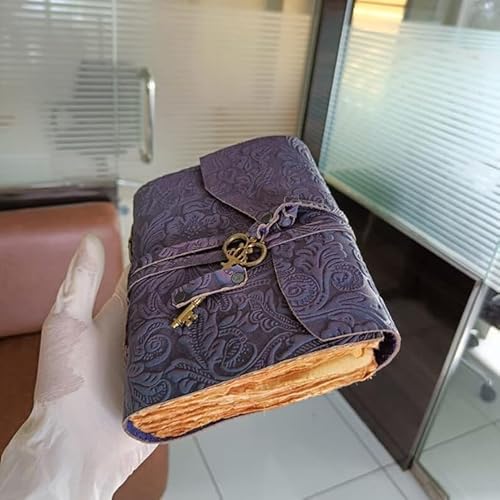Embossed Leather Journal with Antique Key Vintage Pages Handmade Journal Leather Sketchbook Notepad Leather Travel Journal Book of Shadows Leather grimoire (Blue) - color: Blue, size: 7x5 Inch