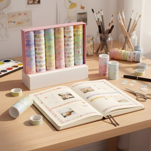 60 Rolls Washi Tape Set, Cute Pattern Washi Stickers, 15mm Wide for Junk Journal Scrapbook Tape, Bullet Journaling Scrapbooking Supplies, Planner Sticker DIY Craft DéCor - color: 60 Rolls Cute Washi Tape-B
