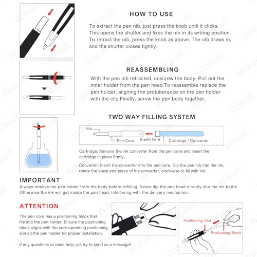 Jinhao 20 Press Fountain Pen, Piano Black Retractable Fine Nib with Ink Converter Set (Silver Clip) - color: Piano Black (Silver Clip), style: Fine