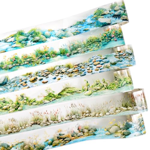 6 Rolls Nature Landscape PET Tape for Scrapbooking and Journals | River, forest, stone and floral scenes for junk journaling, collage and card making - style: Riverside Scenery