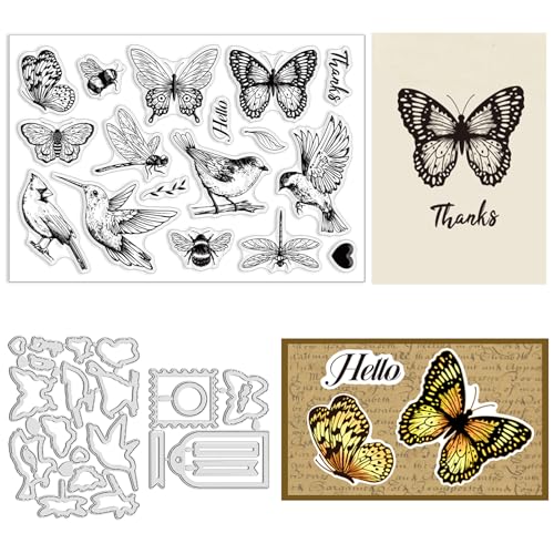 INFUNLY Bird Stamps & Dies - Butterfly, Insect & Leaves Die Cuts, Heart Silicone Stamps for DIY Scrapbooking & Embossing - color: Birds and Butterfly