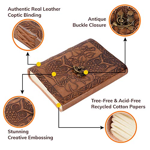 CREATIVE LEATHER ART Vintage Owl Leather Journal 7x5 Lock Notebook - color: Vintage Brown, size: 7 x 5 Inch