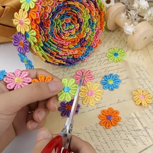 15 Yards Daisy Flower Lace Trim Embroidered Floral Lace Sewing Trim Ribbons for Embellishment Craft Dress Hair Accessories Decorations(Rainbow) - color: Rainbow