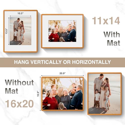 16x20 Picture Frame, USA-Sourced Natural Solid Teak Wood Photo Frame with HD-Tempered Glass, Handcrafted Rounded Corner 16 by 20 Wooden Frame Matted to 11x14 Photos, Horizontal or Vertical Wall Mounting - color: Solid Honey Teak, size: 16x20