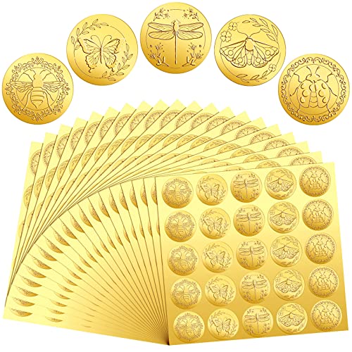 Chinco 500 Pieces Gold Embossed Envelope Seals Stickers Adhesive Seal Stickers Vintage Embossed Foil Certificate Kit Plant DIY Labels for Wedding Invitations Envelopes, 5 Patterns(Insect Style) - style: Insect Style